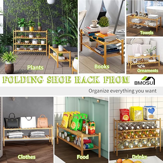 BMOSU 2-Tier Bamboo Extended Shoe Rack Premium Stackable Shoe Shelf Storage Organizer for Hallway Closet Living Room Entryway