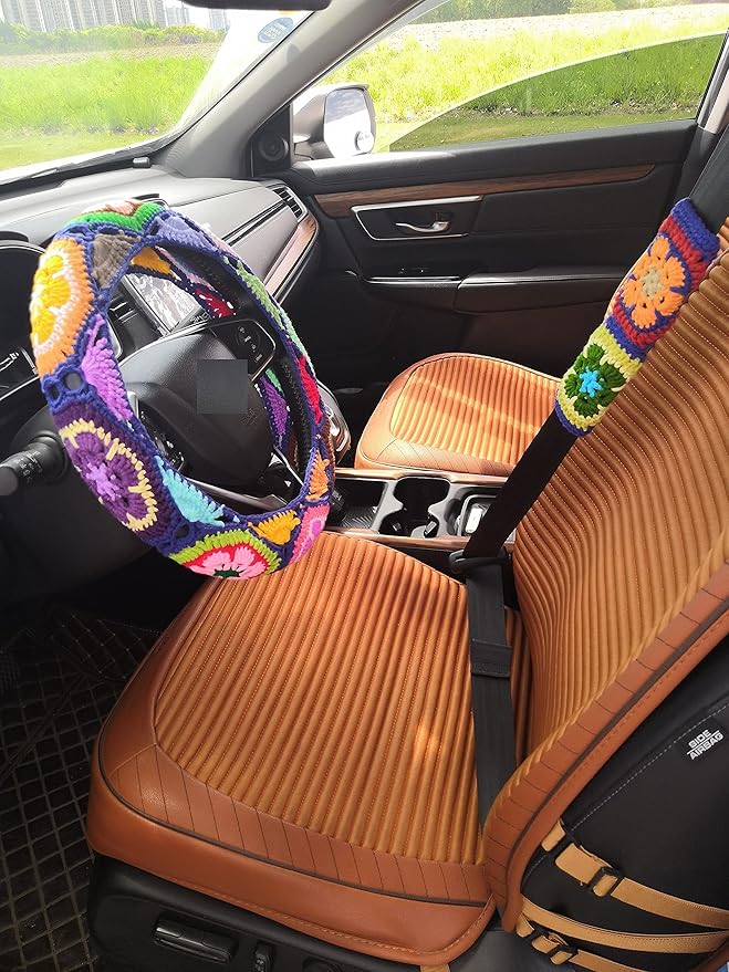 YDM Crochet Steering Wheel Cover, Sunflower Design, Standard Size (14-15 inches), Cotton, Slip Resistant, Elastic, Customizable Color, Gift Idea