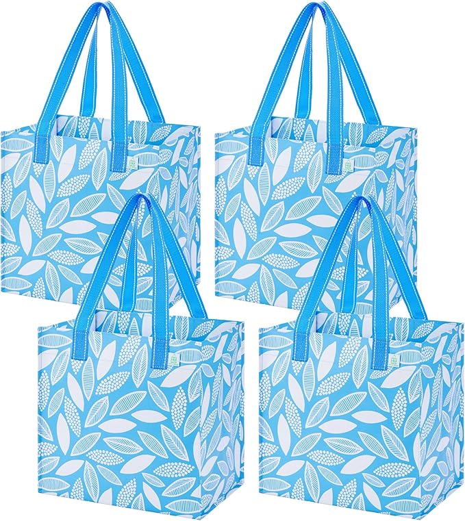 VENO 4 Pack Reusable Grocery Shopping Bags, Heavy-Duty Tote Bags with Handles, for Shopping Cart with Hard Bottom to Stand Upright, Foldable (Spring Breeze, 4 Pack)