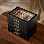 pickpiff Jewelry Box Organizer Case for Women: 5-Layer Jewelry Storage Case with Glass Window, Black Leather with Blush Velve