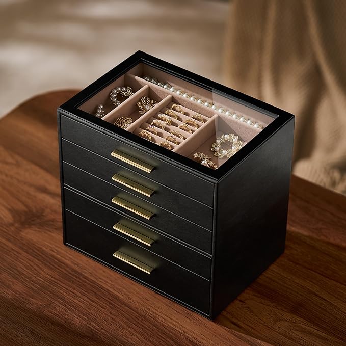 pickpiff Jewelry Box Organizer Case for Women: 5-Layer Jewelry Storage Case with Glass Window, Black Leather with Blush Velve