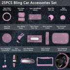 25PCS Bling Car Car Accessories Set,15 Inch Steering Wheel Cover,Shiny License Plate Frame,Center Console Cover and Rearview Mirror Set and Other Car Accessories(Pink)