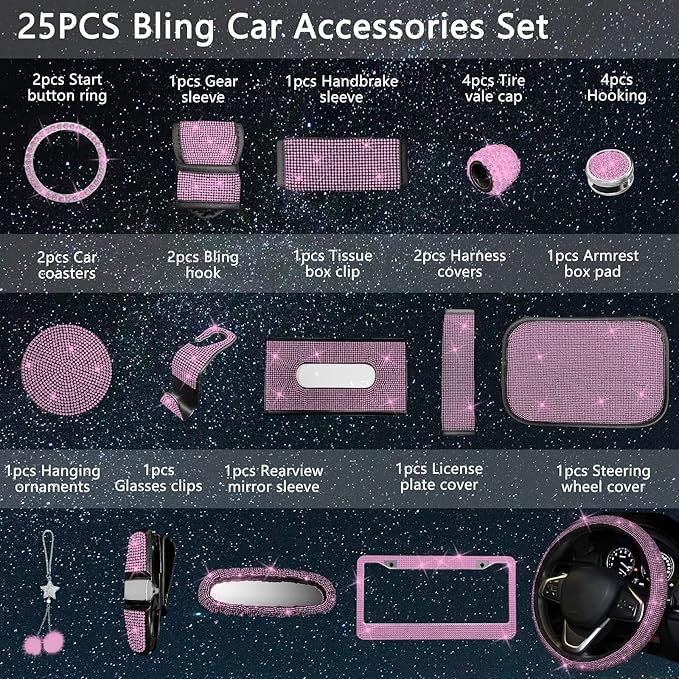 25PCS Bling Car Car Accessories Set,15 Inch Steering Wheel Cover,Shiny License Plate Frame,Center Console Cover and Rearview Mirror Set and Other Car Accessories(Pink)