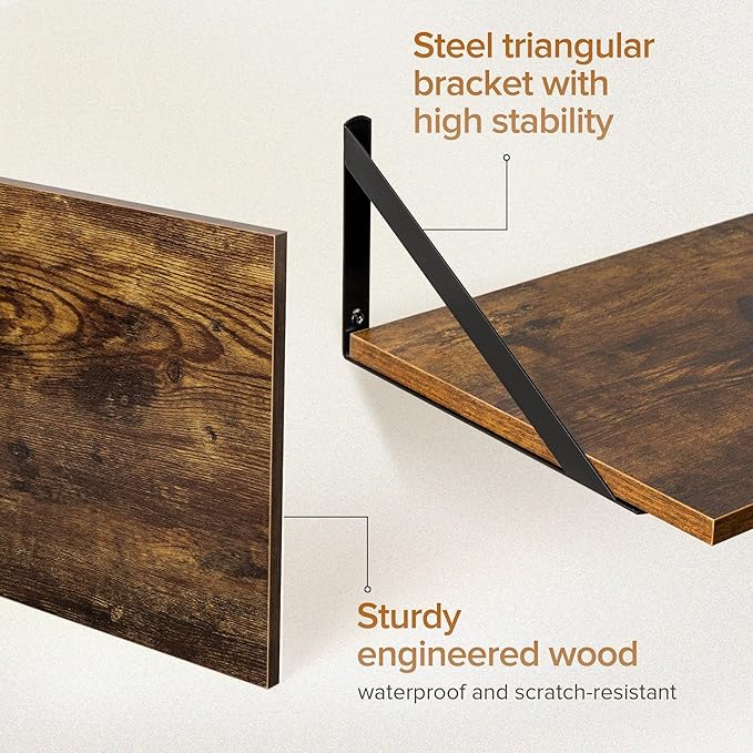 Deep Floating Shelves Wall Mounted, 24"x12" Brown Wood Shelves with Brackets Set of 2 for Bedroom, Living Room, Bathroom, Kit