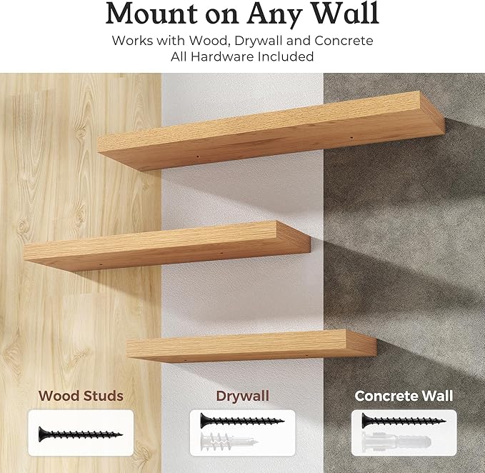 Floating Shelves for Wall, 7.9" Deep Wall Mounted Wood Shelves for Bathroom, Bedroom, Living Room, Kitchen, Hanging Shelf for