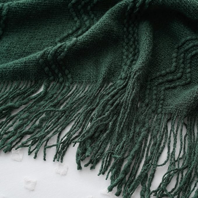 BATTILO HOME Christmas Décor Green Throw Blanket with Fringe, Geometric Bed Throws Dark Green Throws Decorative Throw Blanket