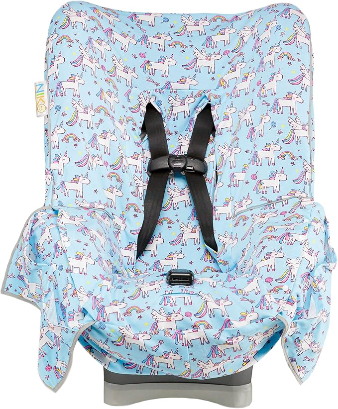 Niko Easy-Wash Children's Car Seat Cover & Liner - 100% Cotton Jersey Blue Unicorn - Fits Most Toddler Car Seats - Universal 