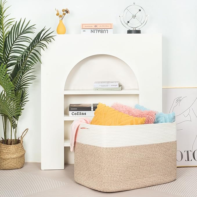 MINTWOOD Design 112L Extra Large Blanket Basket Holder Living Room, 25"x17"x16" Rectangle Rope Woven Storage Basket with Hand