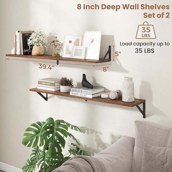 Axeman 40 Inch Floating Shelves | 8 Inch Deep Walnut Wall Shelves Set of 2 | 39.4W x 8D Rustic Wood Shelves for Bookshelf Liv