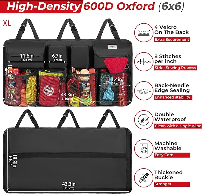 SURDOCA Car Trunk Organizer, LARGE CAPACITY(43 x 19 in) Car Storage Bag with 8 Pockets, 7X Upgraded Trunk Storage Organizer for Car, SUV, Truck, MPV
