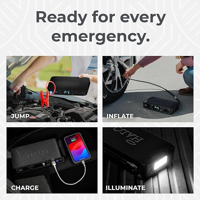 HALO Bolt Air 58830 Portable Car Battery Jump Starter | 100 PSI Air Compressor, 58.8Wh USB Power Bank, Emergency Floodlight