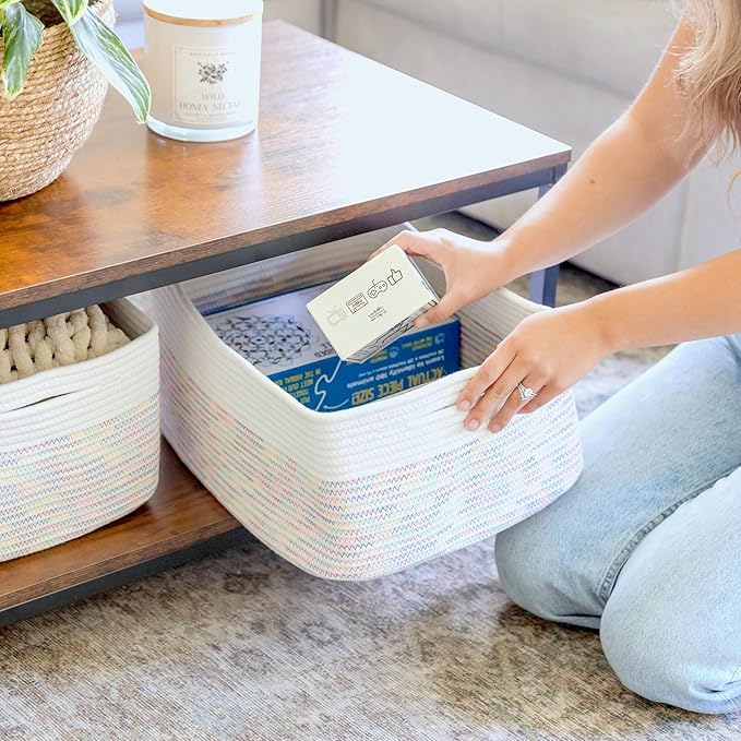 NaturalCozy Storage Baskets 16.8”x13”x7.6” Cotton Rope Woven Baskets for Organizing 3-Pack | Toy Storage Bins | Basket for Sh
