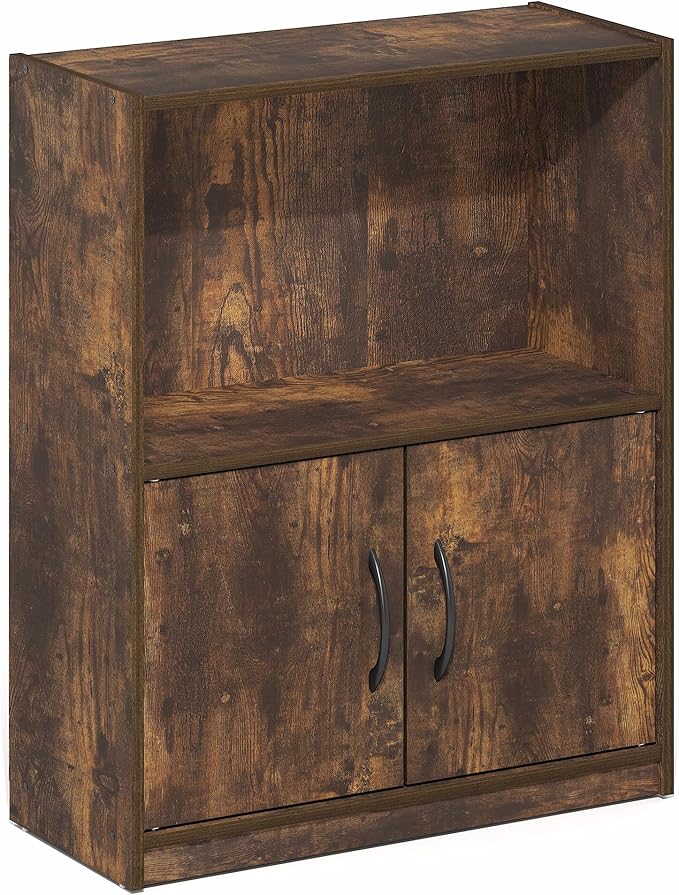 Furinno Gruen Book Shelf, 2-Tier Small Bookshelf, Bookcase with Open Shelf and Doors Storage Cabinet, 9.3 x 21.8 x 27, for Or