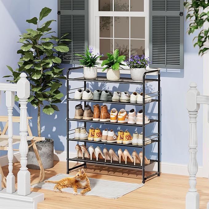 SUFAUY Shoe Rack, 5-Tier 33" Wide Shoe Storage Rack for 24-30 Pairs of Shoes, Mesh Shoe Organizer for Entryway Closet, Steel 
