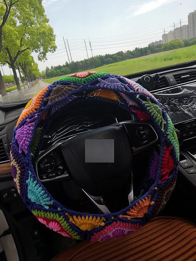 YDM Crochet Steering Wheel Cover, Sunflower Design, Standard Size (14-15 inches), Cotton, Slip Resistant, Elastic, Customizable Color, Gift Idea