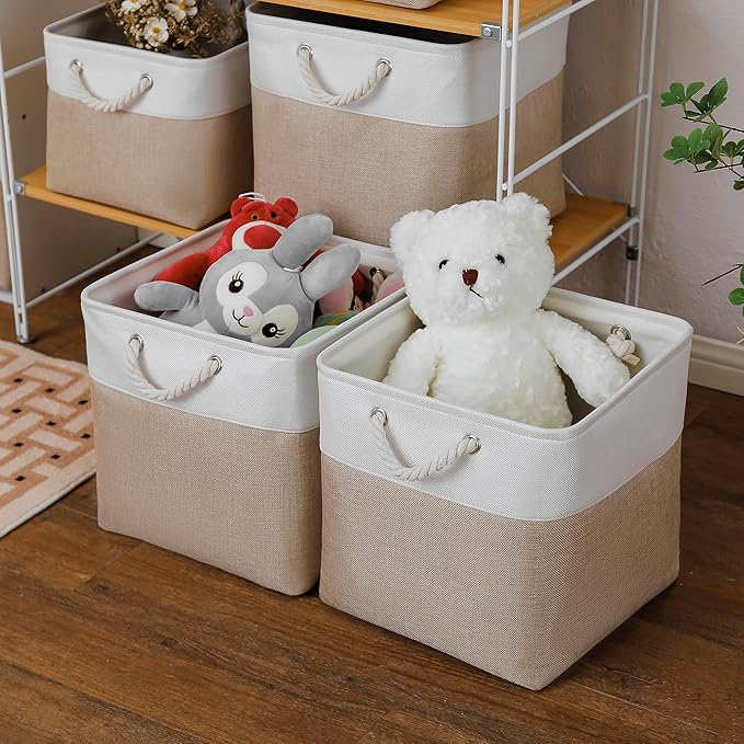 MidmmVick 13 x 13 Inch Cube Storage Bins, 4 Pack Large Collapsible Fabric Storage Bin with Ropes, Foldable Storage Cubes for 