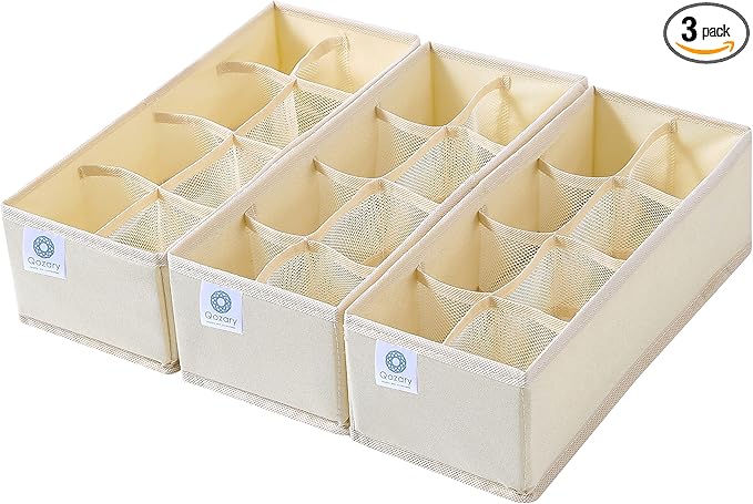 Qozary 3 Pack Sock Underwear Drawer Organizer Dividers, Collapsible Cabinet Closet Storage Boxes for Clothes, Socks, Lingerie