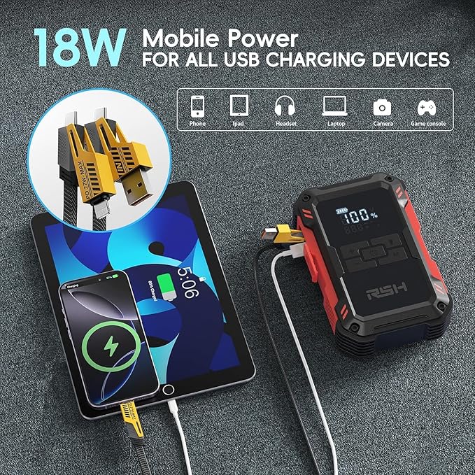 Car Jump Starter with Air Compressor 4000A Peak Battery Jump Starter 14.8V 150PSI Inflator Auto Booster 15000MA Jump Box (up