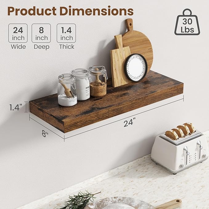 24 Inch Floating Shelves for Wall, 8 Inch Deep Floating Shelf for Storage & Display, Wall Mounted Shelf with Invisible Bracke