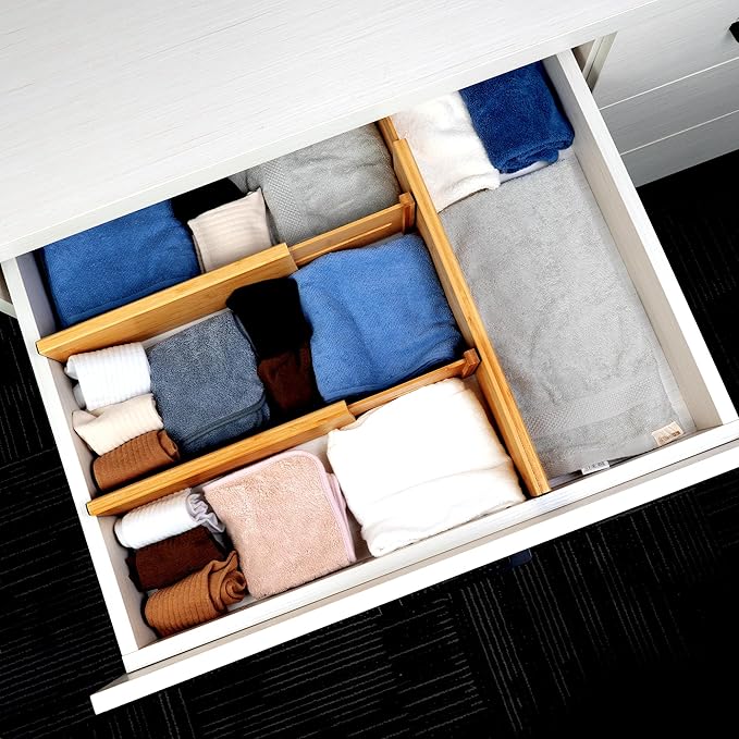 Utoplike Bamboo Dresser Drawer Dividers, 4'' High Adjustable Drawer Organizers for Clothing, Spring Loaded, Works in Kitchen,