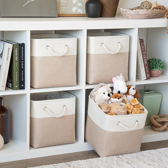 OrganiHaus 11x11 Cube Storage Bins 4 Pack, Foldable Cube Storage Organizer w/ Rope Handles, Collapsible Fabric Bins for Toys,