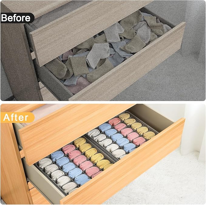 Joyoldelf Sock Drawer Organizer Divider Underwear Organizer 24-cell Fabric Dresser Drawer Organizers Storage Boxes for Socks 