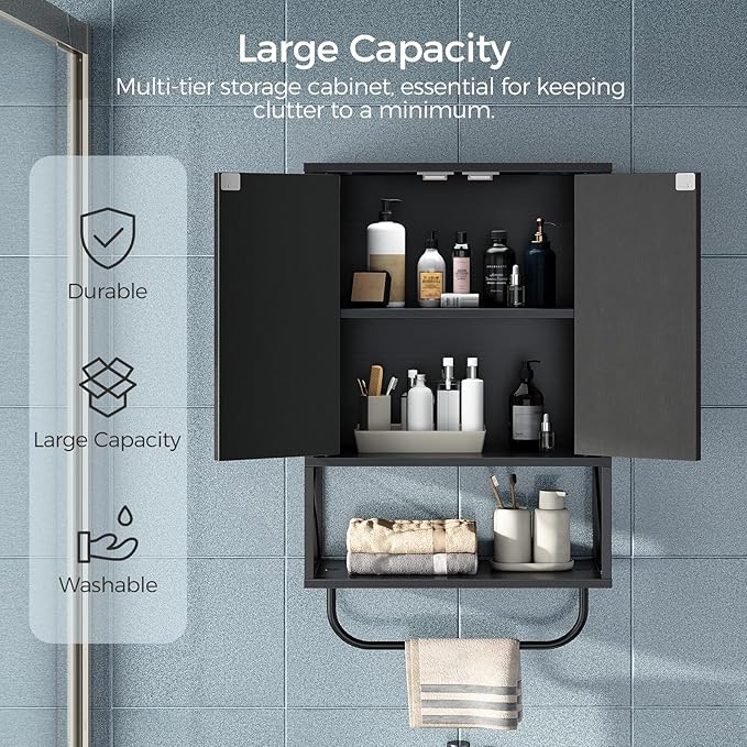 MAHANCRIS Bathroom Wall Cabinet with 2 Door and Adjustable Shelf, Farmhouse Medicine Cabinet with Towel Rack, 3-Tier Wall Mou