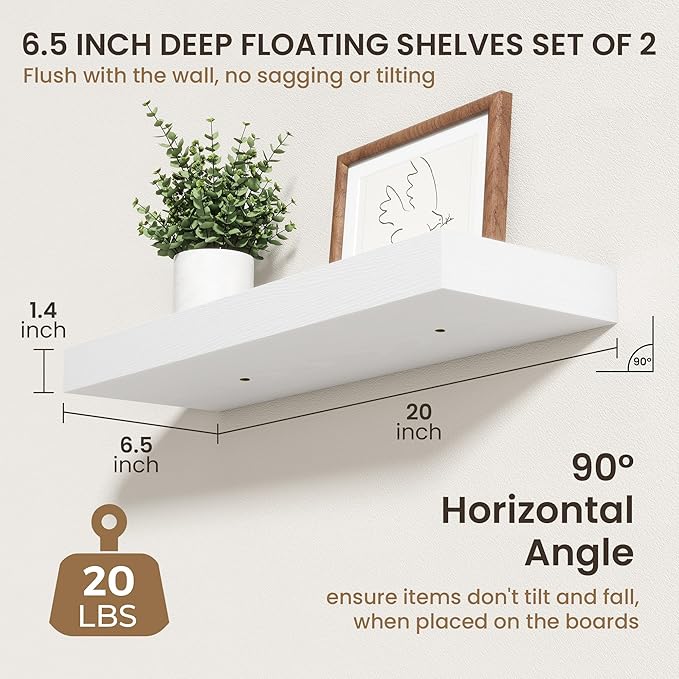 20 Inch Floating Shelves | 6.5 Inch Deep White Floating Shelves Set of 2 | 20" W x 6.5" D Rustic White Wood Wall Shelves with