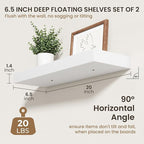 20 Inch Floating Shelves | 6.5 Inch Deep White Floating Shelves Set of 2 | 20" W x 6.5" D Rustic White Wood Wall Shelves with