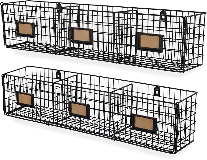 Wall35 Amalfi Hanging File Folders Office Desk Organizer Wall Mount Wire Basket Storage Magazine Holder 3 Sectional Set of 2 