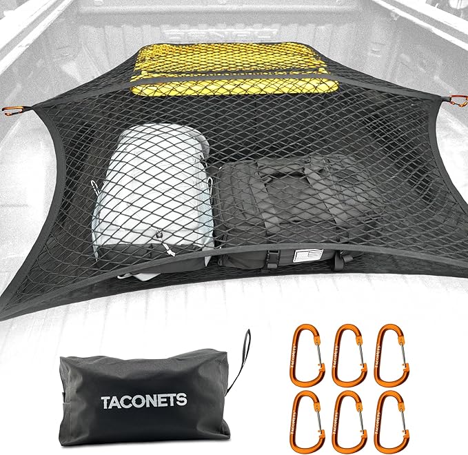 Upgraded Highly Elastic Cargo Net, USA Company, Simple Truck Bed Cargo Mesh Organizer, Suitable for Light Loads, Heavy Duty Carabiners, 4'x4' Double Layer