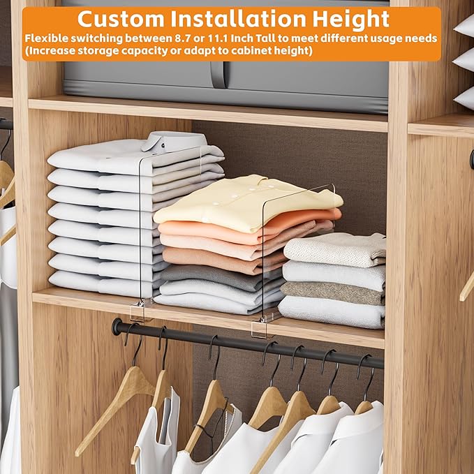 Yieach 10 Pack Towel,Sweater,Purse Organizer and Acrylic Shelf Dividers for Closet Organization - Adjustable Height - Vertica