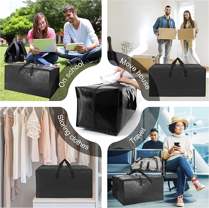 6 Pack Heavy Duty Extra Large Moving Bags W/Backpack Straps - Strong Handles & Zippers, Storage Totes For Space Saving, Fold 