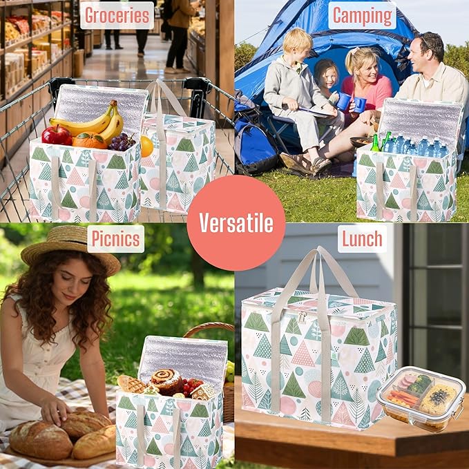 VENO 2 Pack Insulated Cooler Bag Reusable Grocery Shopping Bag, Food Delivery, Heavy Duty, Large Size, Durable Handles, Double Zippers, Lid, Collapsible (Pastel Forest, 2 Pack)
