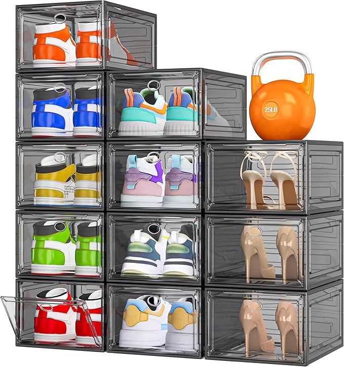 12 Pack Clear Shoe Storage Organizer with Magnetic Door, Stackable Plastic Shoe Boxes for Sneakers, Boots, and Heels, Space-S