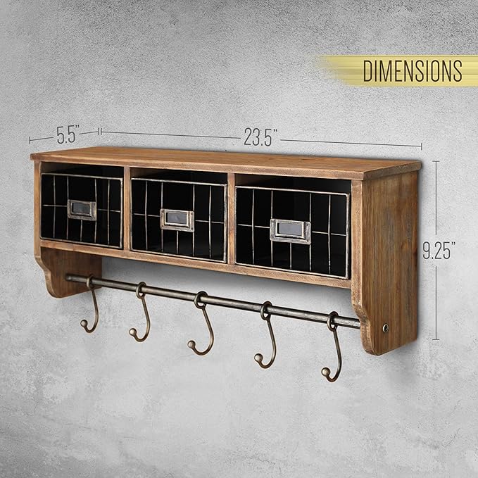 BizChair Wall Mounted Storage Rack - Rustic Brown Solid Pine Wood - 24 Inch - Upper Shelf - 5 Hooks - Wire Baskets - For Entr