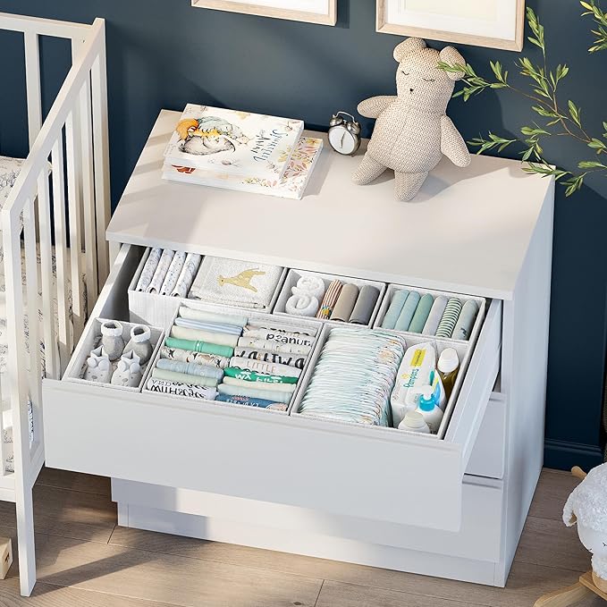 Drawer Organizer Clothes Set of 12 White-Grey - Dresser Organizer For Nursery, Bedroom, Closet - Perfect Baby Clothes Organiz