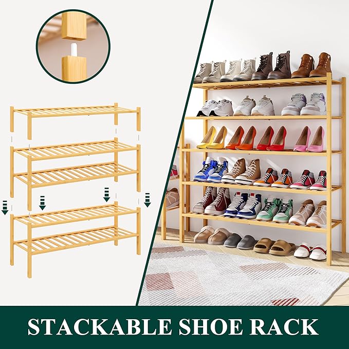 Smiry Shoe Rack, 3 Tier Long Bamboo Shoe Organizer, Stackable Free Standing Wooden Shoe Storage Shelf for Closet, Entryway, F
