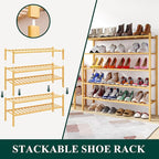 Smiry Shoe Rack, 3 Tier Long Bamboo Shoe Organizer, Stackable Free Standing Wooden Shoe Storage Shelf for Closet, Entryway, F