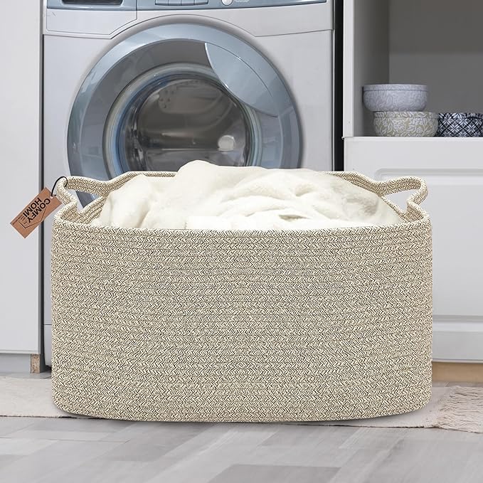 COMFY-HOMI Large Rectangular Blanket Basket, Woven Cotton Rope Baskets for Storage, Laundry Hamper Basket, Storage Bin,Toy Or