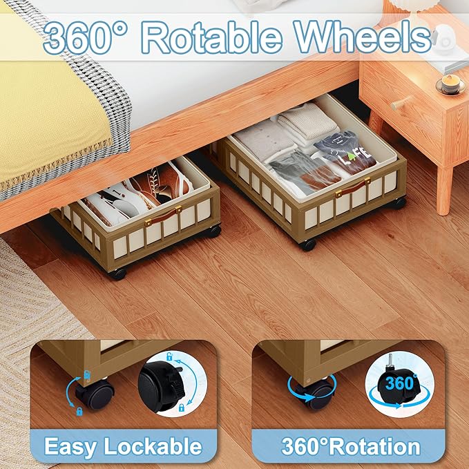 efluky 2-Pack Bamboo Under Bed Storage with Wheels, Rolling UnderBed Storage Basket with Large Dust Bag, Under Bed Storage Co