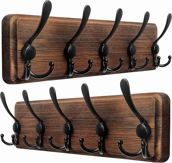 Dseap Coat Rack Wall Mounted - 5 Tri Hooks, Heavy Duty, Wooden Wall Coat Hanger Coat Hook for Clothes Hat Jacket Clothing, Na