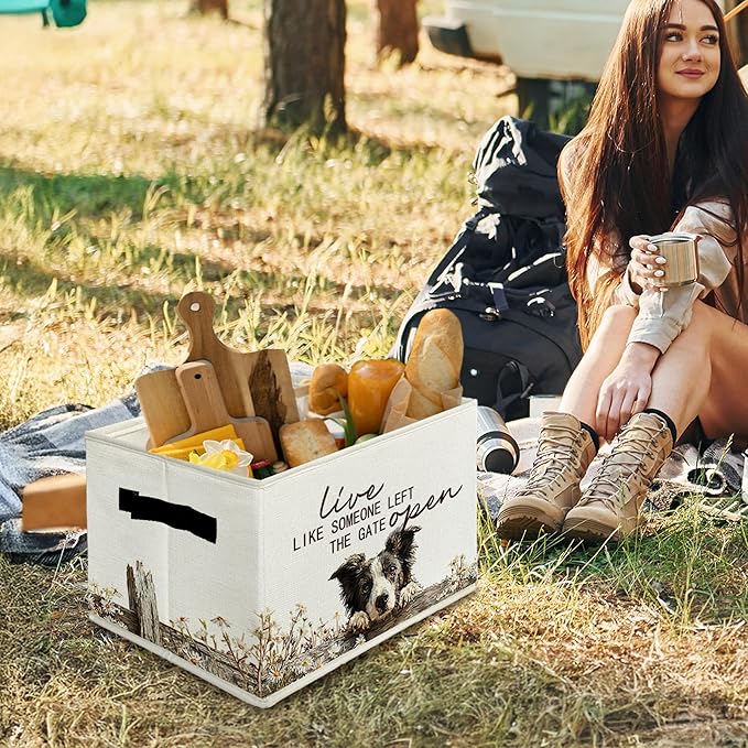 Border Collie Gifts Storage Bins with Handles, Rustic Farmhouse Dog Foldable Basket for Organizing, Live Like Someone Left th