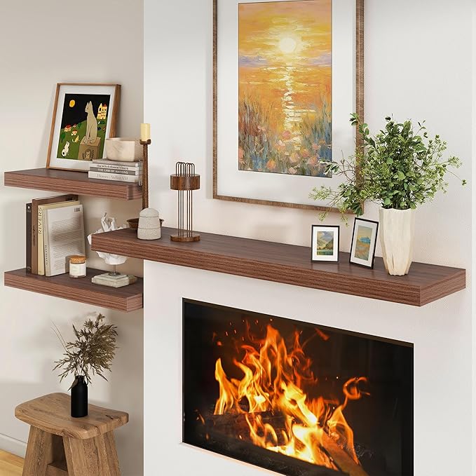 12 Inch Deep Floating Shelves | 55 Inch Walnut Floating Shelves | 55" W x 12" D Rustic Wood Shelves for Wall | Deep Walnut Sh