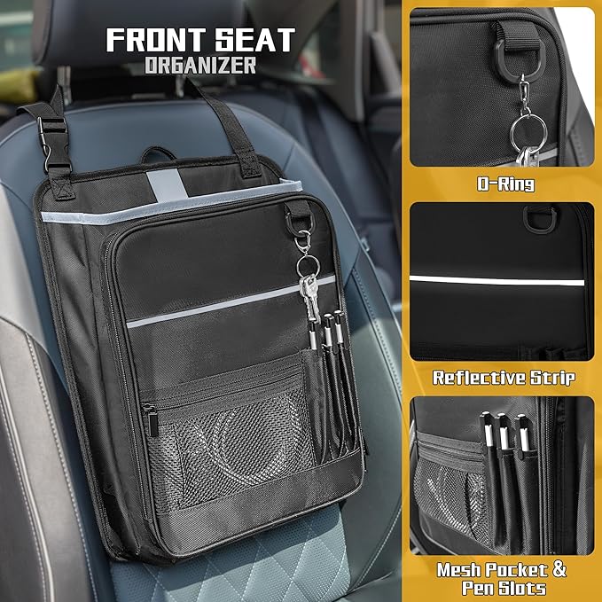 LUXJA Car Front Seat Organizer with Accordion File Pocket, Passenger Seat Organizer with Laptop Sleeve (Up to 15.6 In) and Adjustable Strap, Black