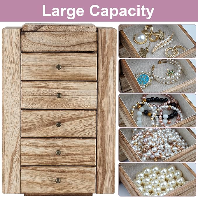 Meangood Jewelry Box Wood for Women, 6-Layer Large Organizer Box with Mirror & 5 Drawers for Rings, Earrings, Necklaces, Vint