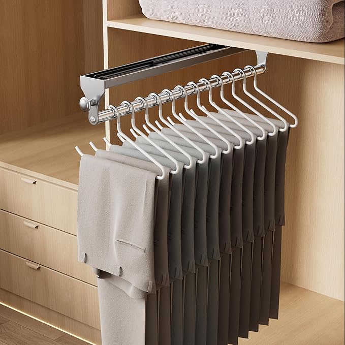 Pull Out Closet Rod, 15.7inch Heavy Duty Pants Rack, Adjustable Clothes Hanger Rail, Space Aluminum Valet Rod, Top Mounted Wa