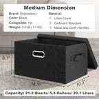 Graciadeco Medium 15" 21 Quart Collapsible Stackable Storage Bins with Lids, 3 Packs Black Foldable Fabric Closet Boxes Heavy
