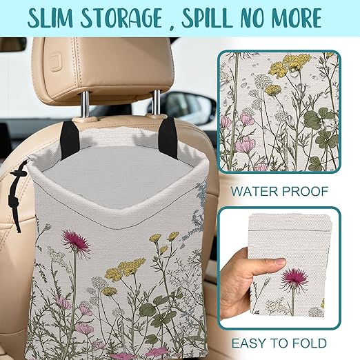 Car Garbage Bag Vintage Botanical Wildflowers Drawstring Car Trash Bag Hanging for Back Seat with Adjustable Buckle Canvas Vehicle Trash Can Easy-to-Install