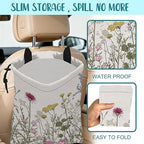Car Garbage Bag Vintage Botanical Wildflowers Drawstring Car Trash Bag Hanging for Back Seat with Adjustable Buckle Canvas Vehicle Trash Can Easy-to-Install